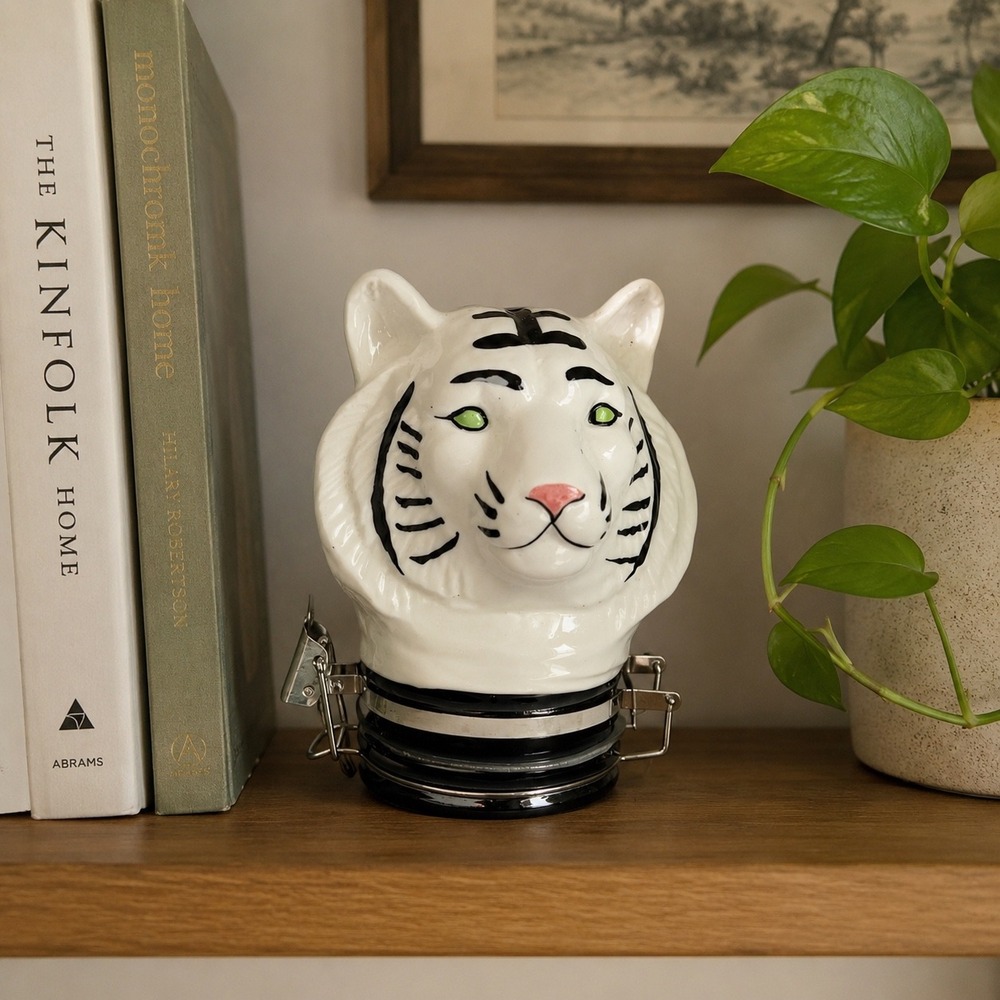 Contained Art White Tiger Head Ceramic Jar Airtight Latch Lid Green Eyes Decor